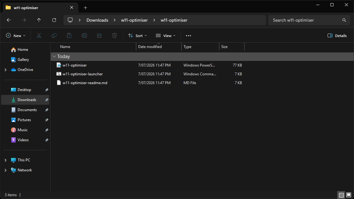 Extracted W11 Optimiser folder showing PowerShell, CMD launcher, and README files