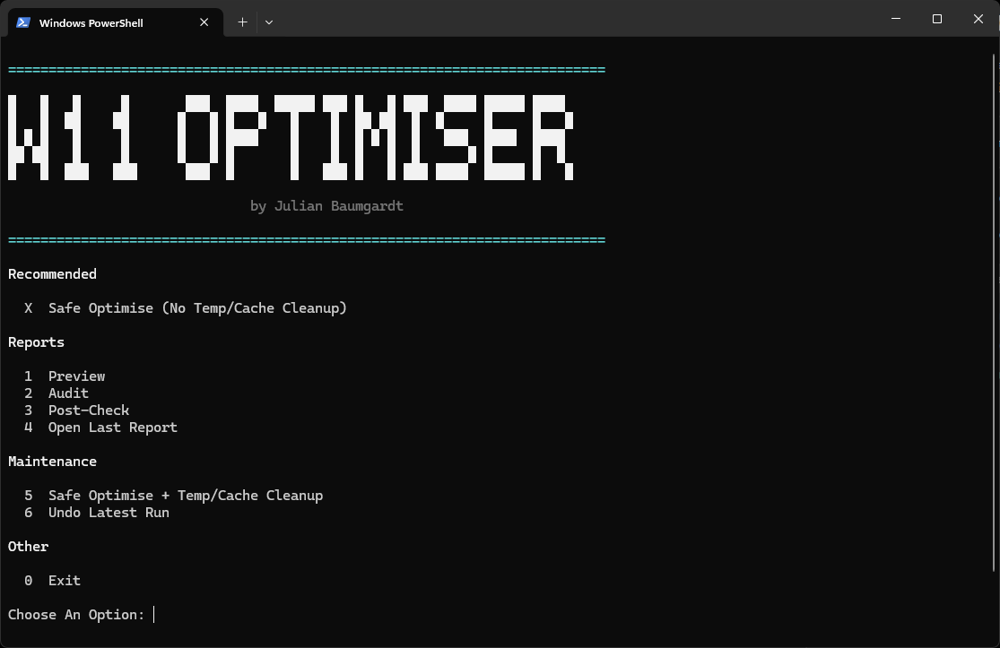 W11 Optimiser menu in PowerShell
